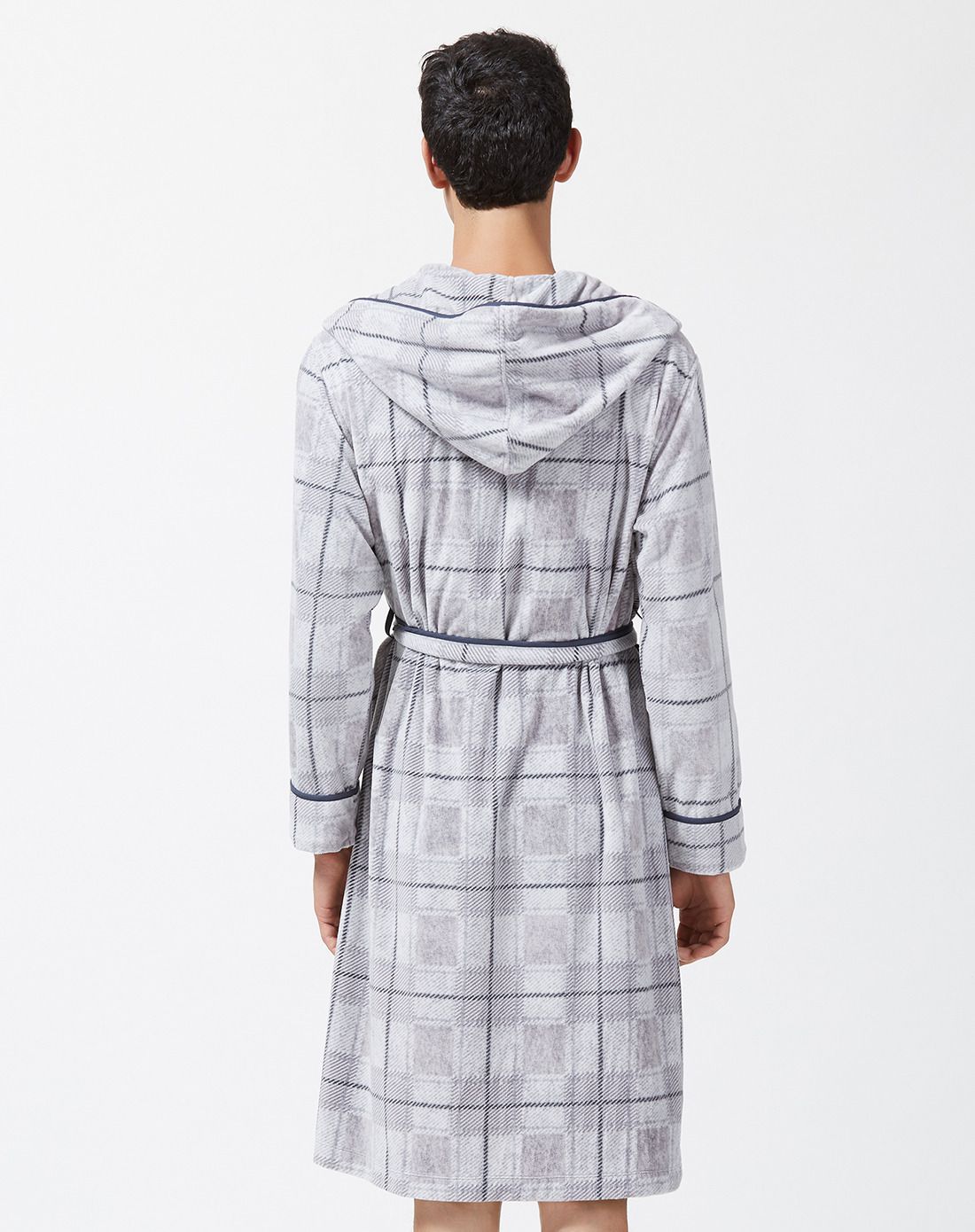 男款时尚简约格子花纹家居睡袍长袍