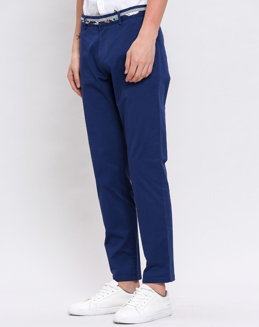 男装拼接腰头长裤藏蓝色