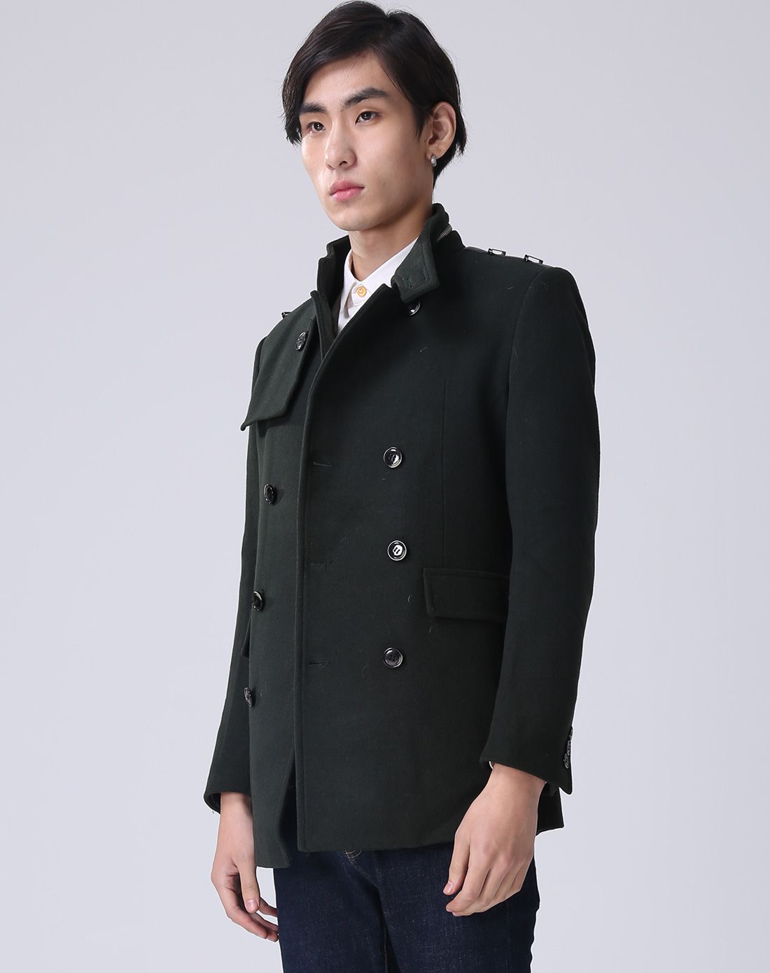 军绿男装肩皮扣装饰呢料大衣