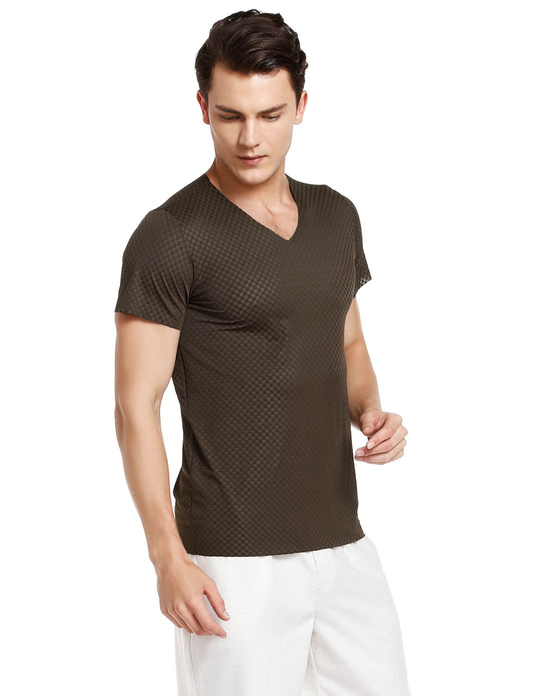 男式咖啡色锦纶短袖t恤