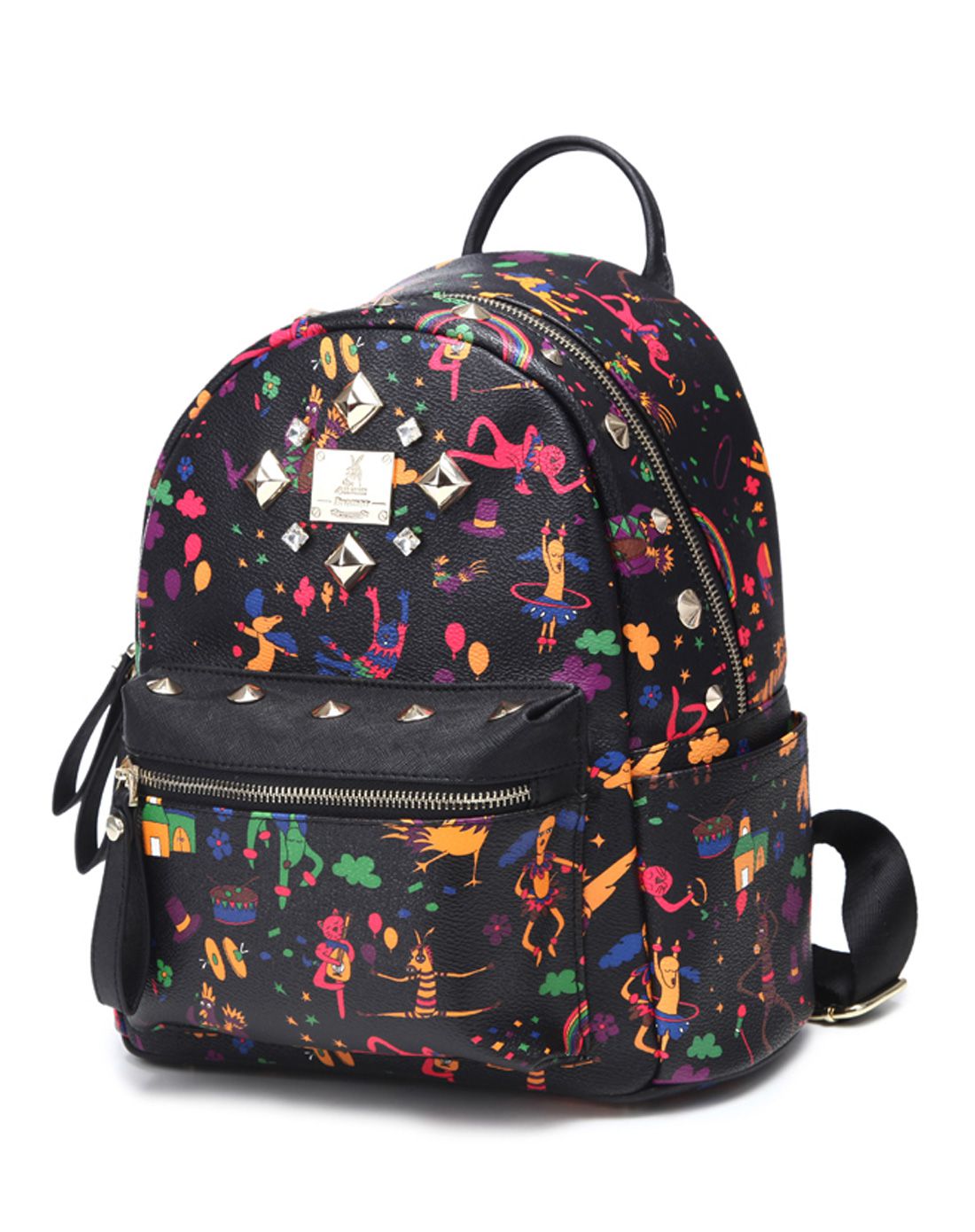 不莱玫2016魔法黑女士铆钉印花小版双肩包