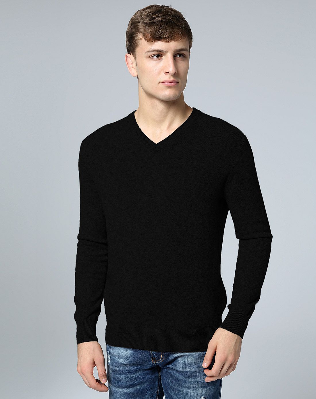 男款v领纯羊绒衫黑色