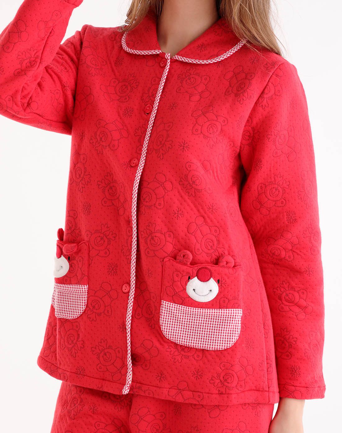 达尔丽女款红色提花保暖夹层棉长袖套装