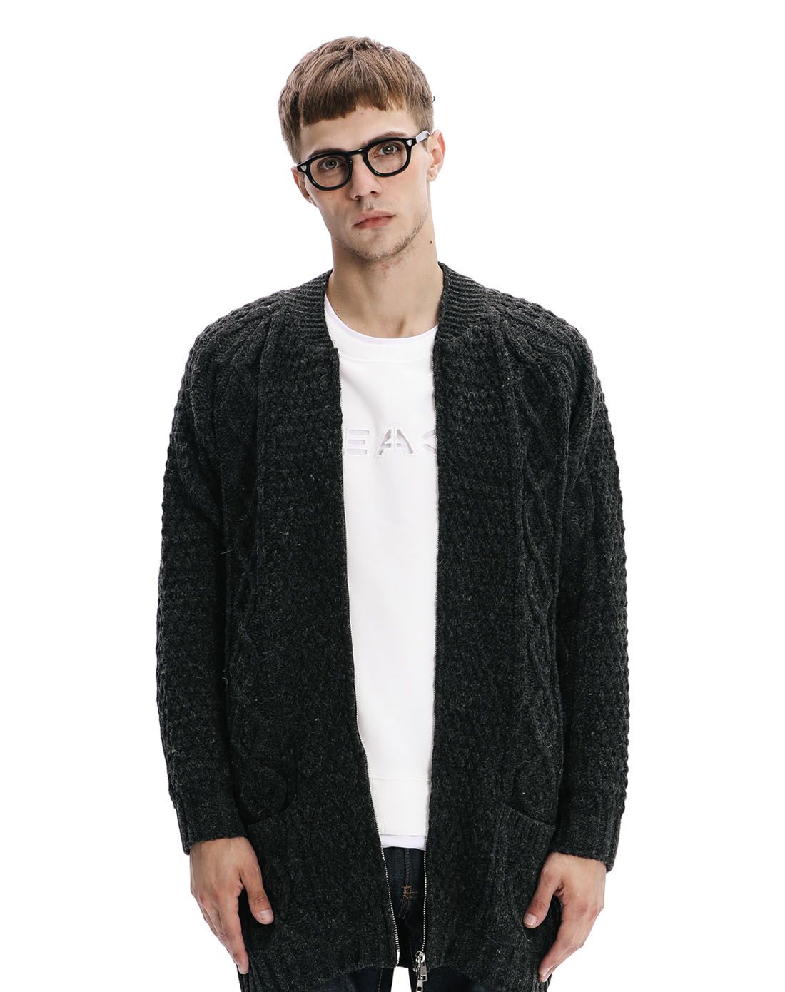 男士长款拉链毛衣外套