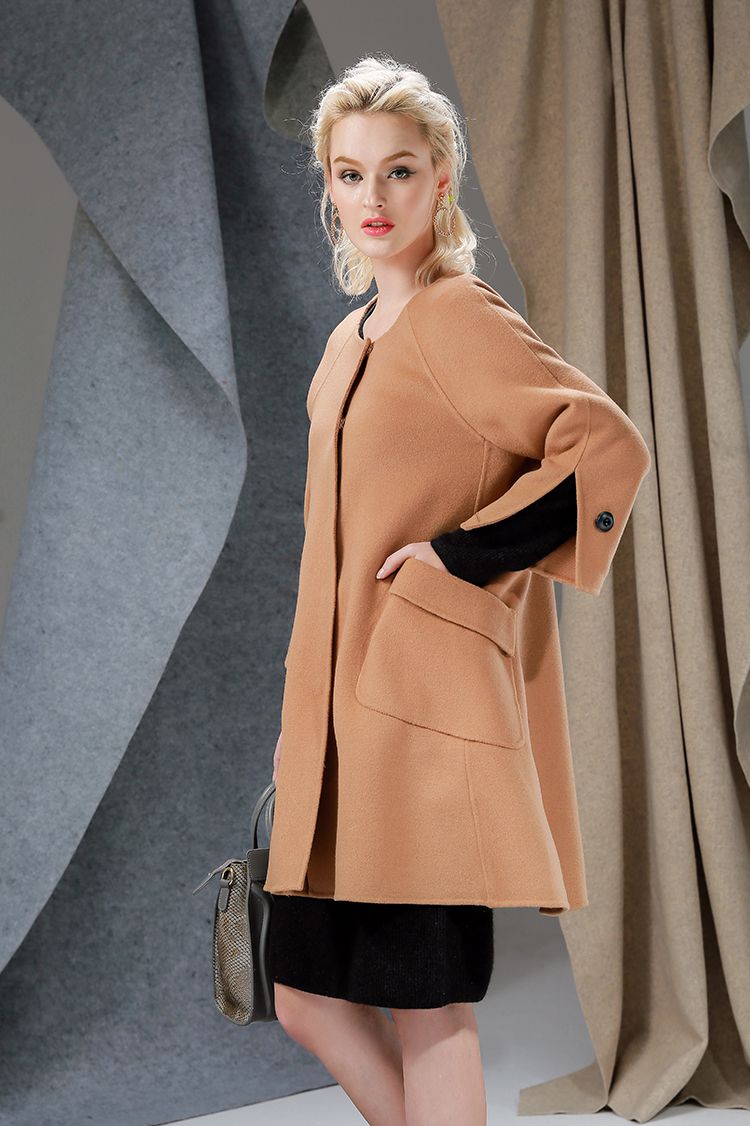 琥珀色口袋简约双面呢大衣