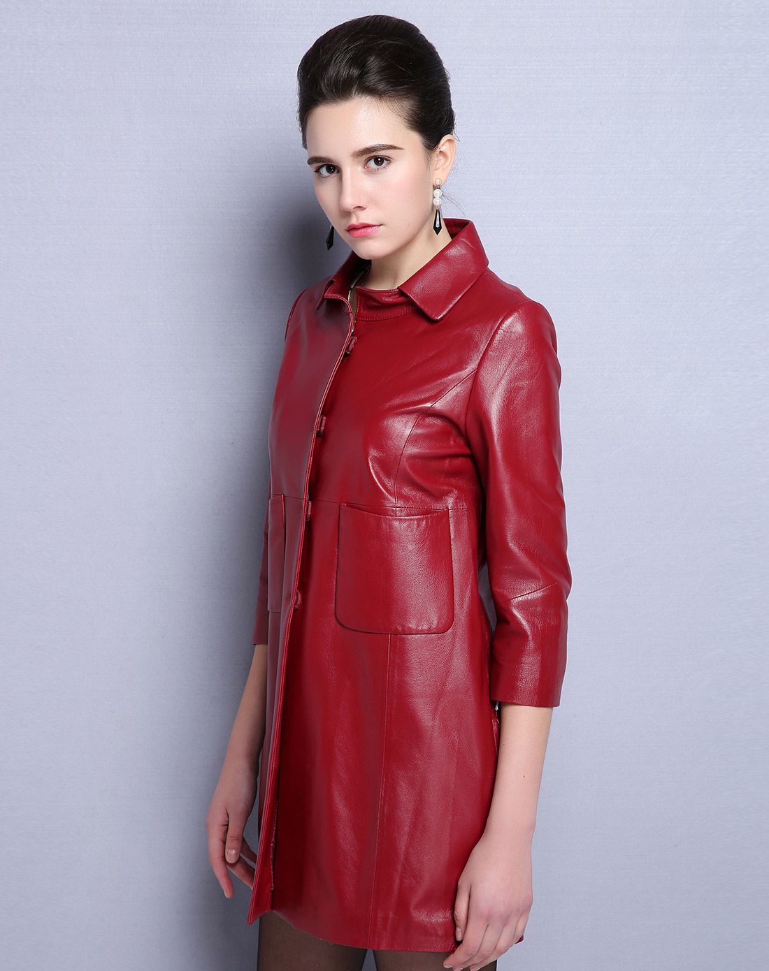 女式绵羊皮休闲皮衣红色