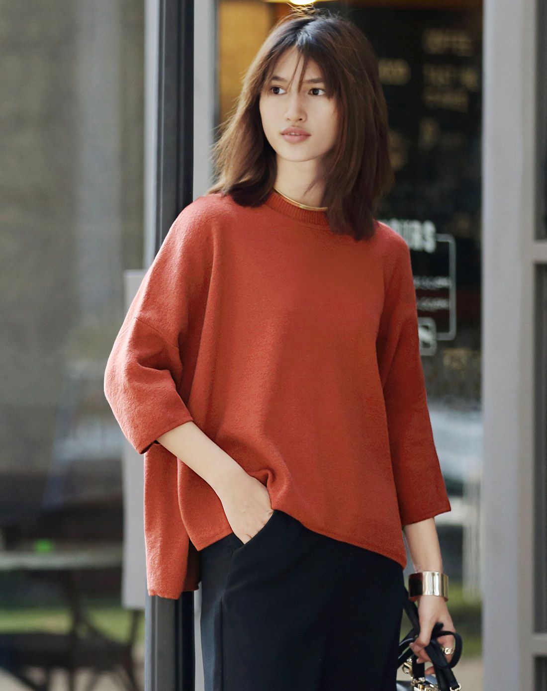 套头落肩宽松棉针织毛衣驼色