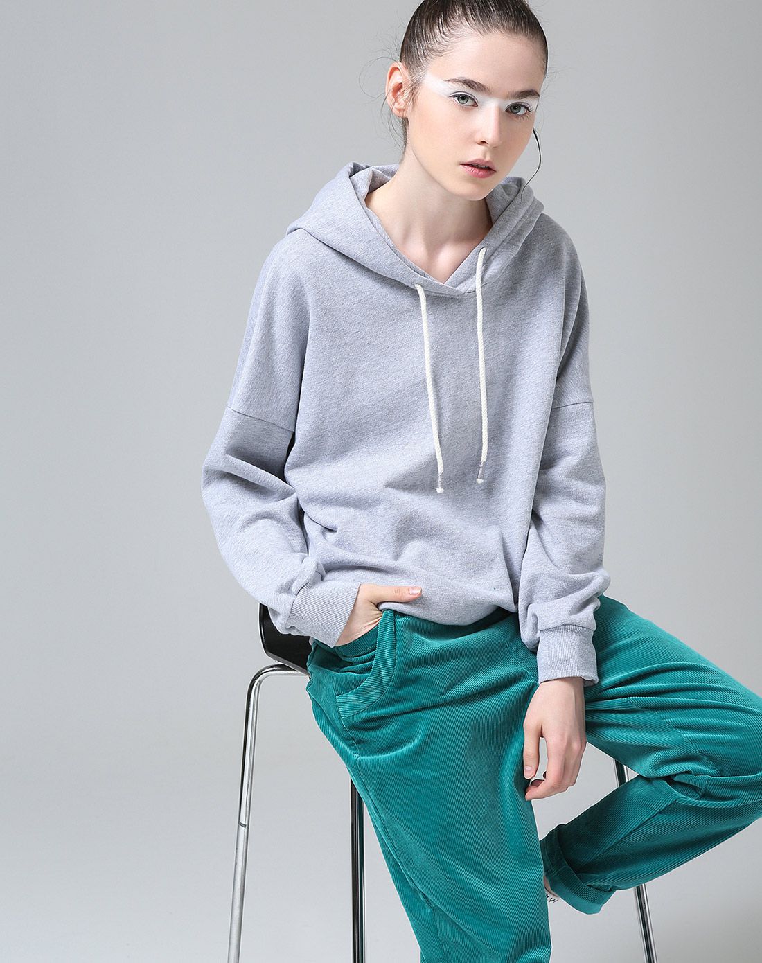 【春新款】抽绳连帽宽松坎肩卫衣浅花灰色