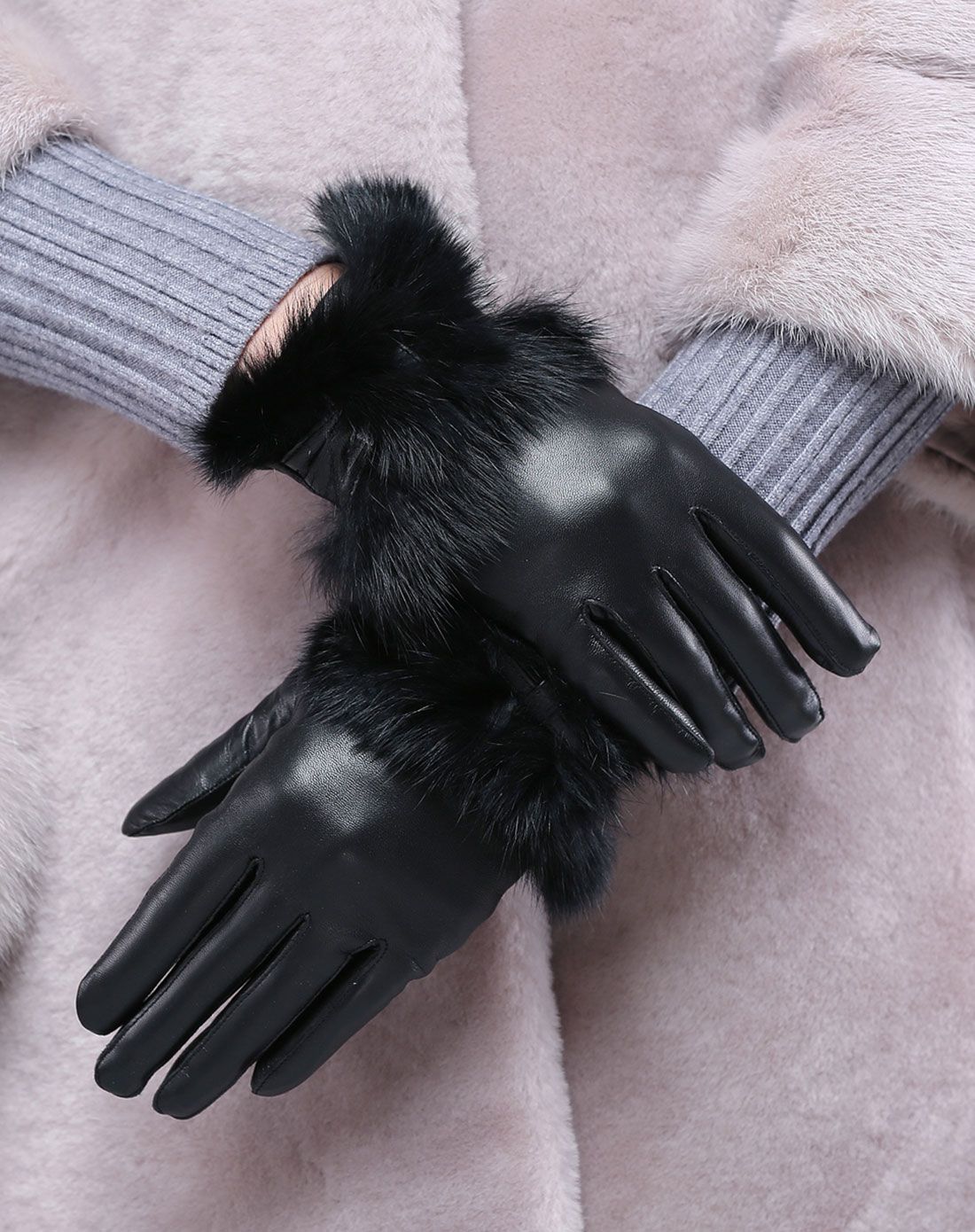 女款黑色兔毛装饰加绒里衬山羊皮手套