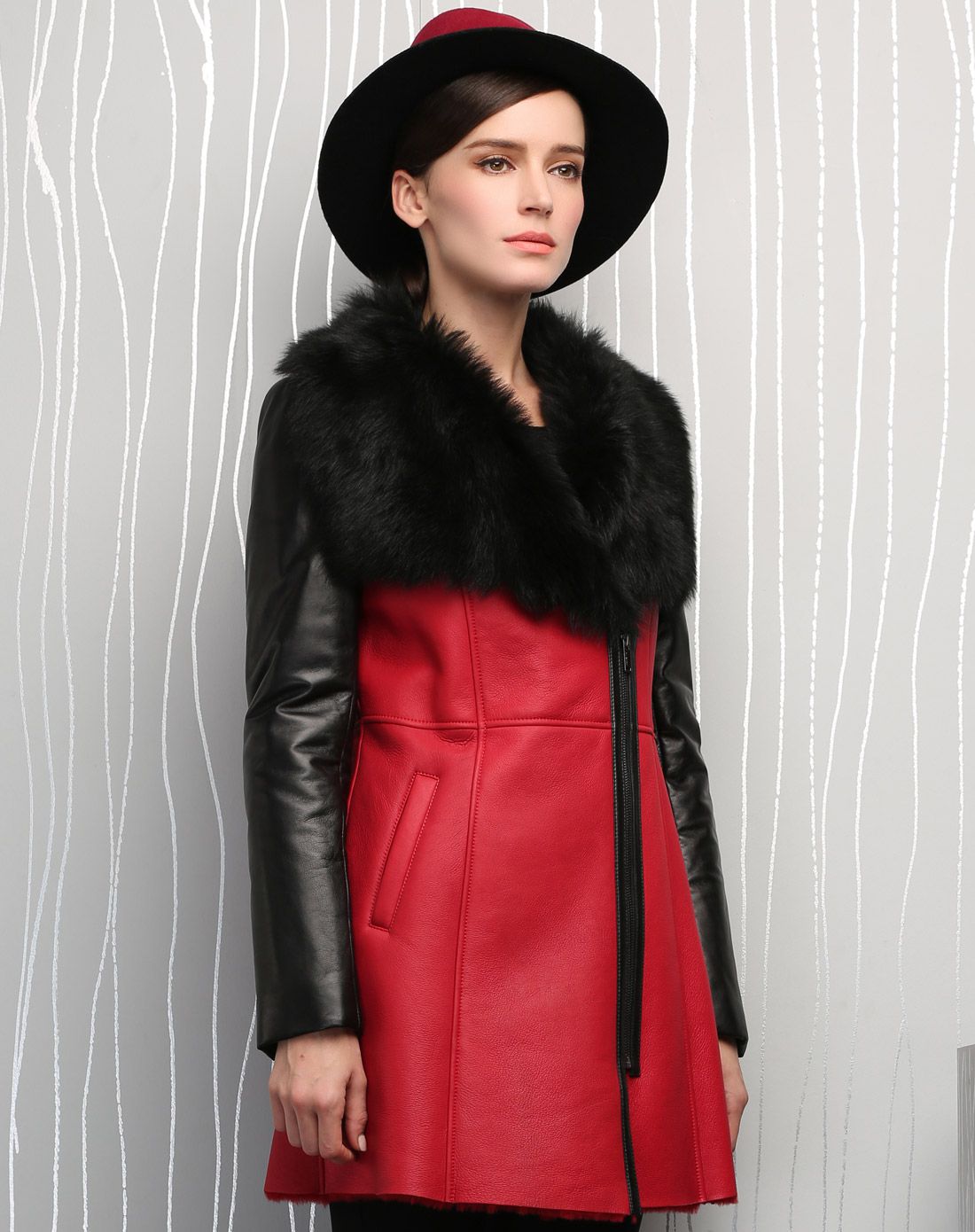 in see&insee fashion&sovogue皮衣皮草男女大翻领撞色中长款皮毛一体