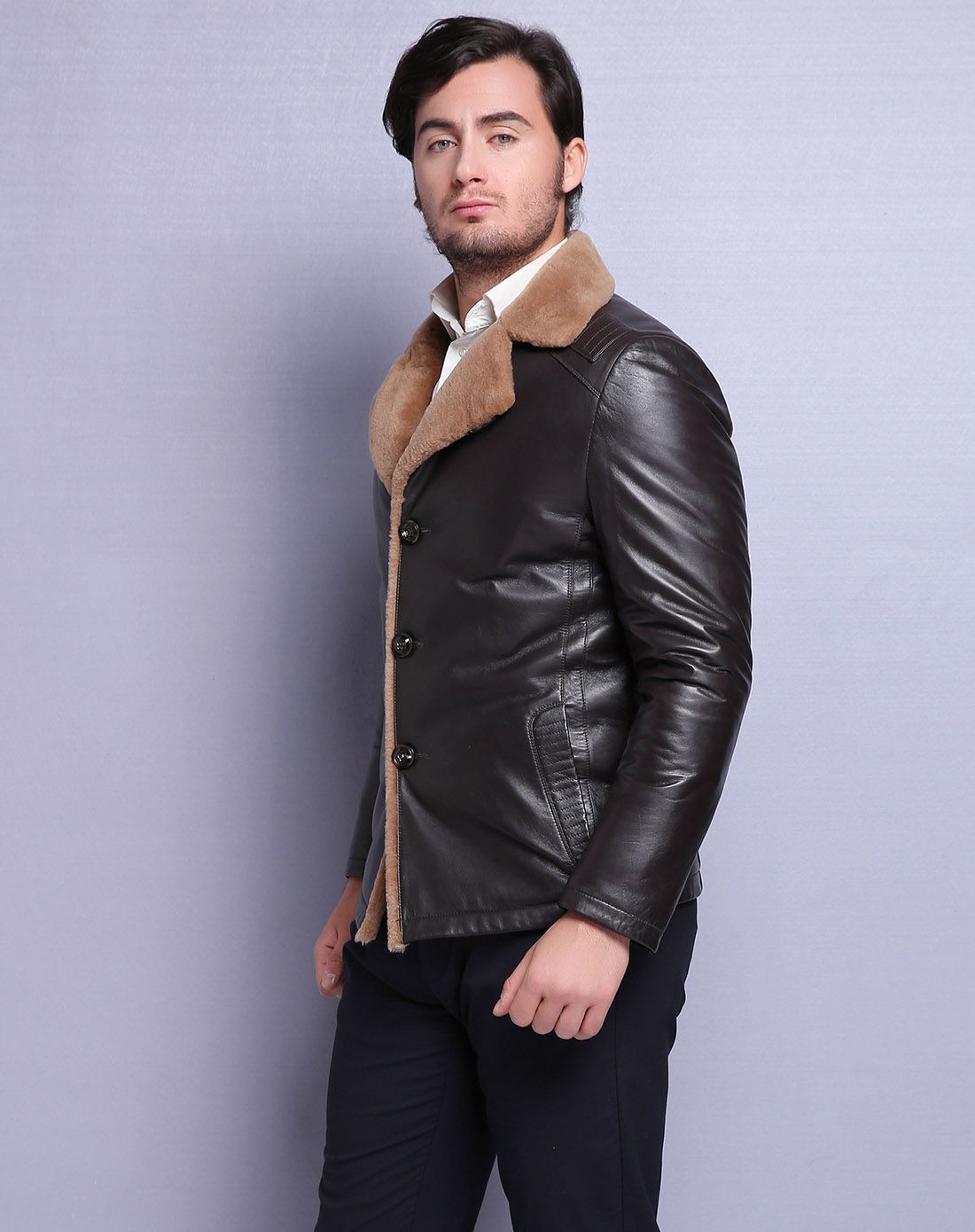 男式绵羊皮羊毛内里休闲皮衣棕色