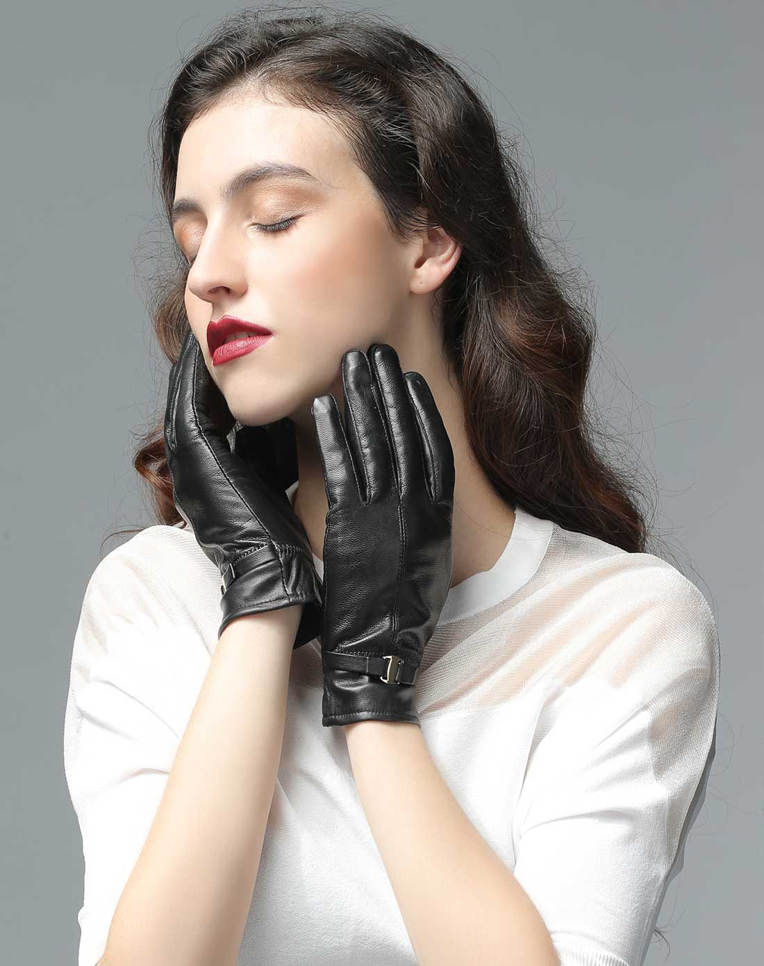 紫宝女款加绒保暖皮手套