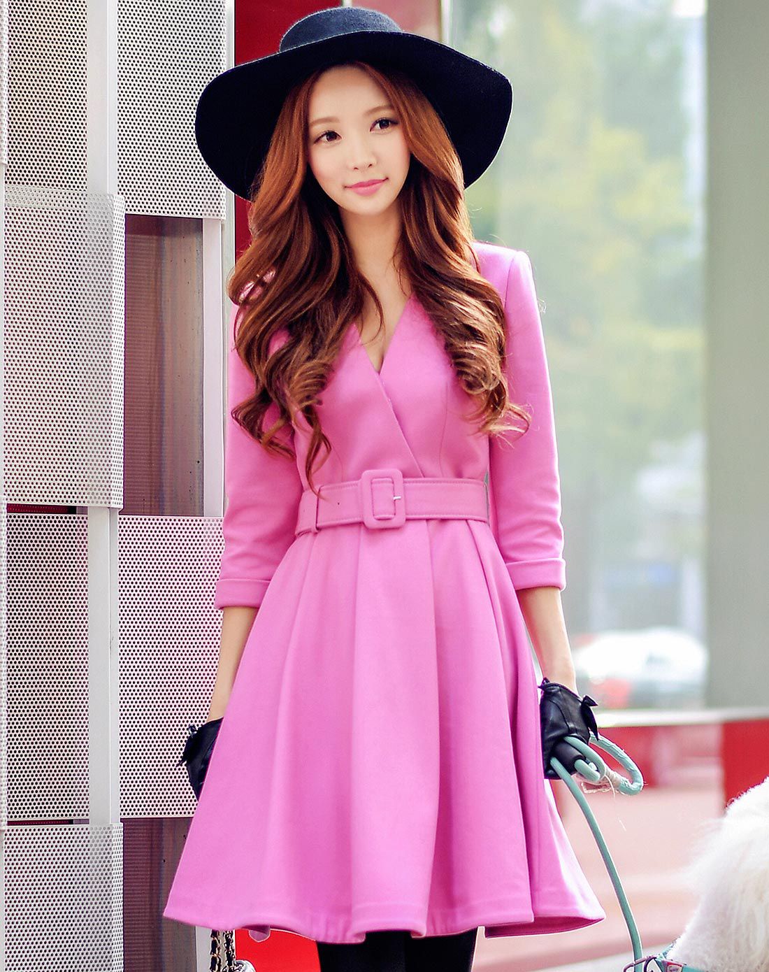 玫粉色气质ol收腰大摆连衣裙