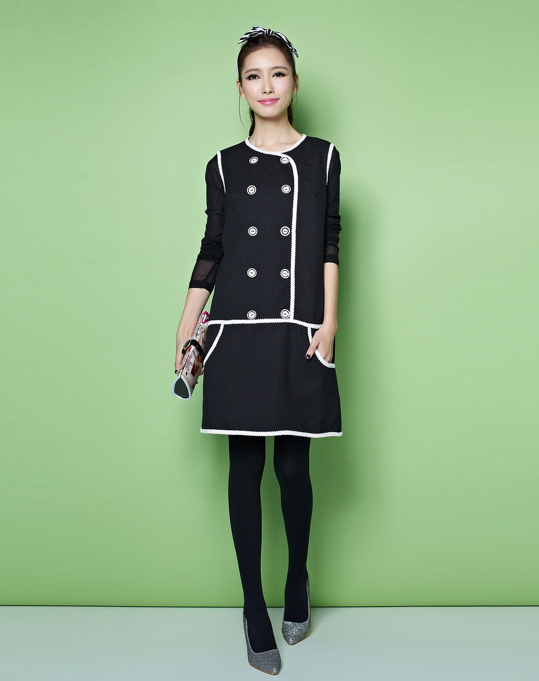 color女装专场 小香风双排扣连衣裙白色 运费 (订单满288免运费) 颜色