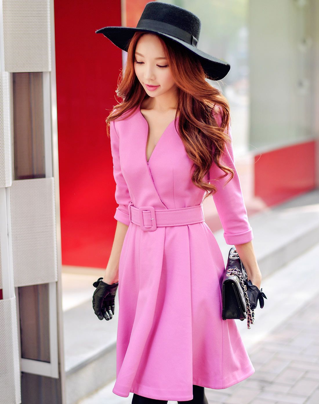 玫粉色气质ol收腰大摆连衣裙