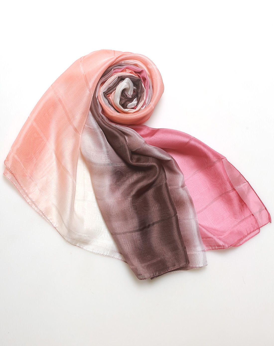 紫宝缎面镂空三色渐变时尚丝巾粉咖渐变