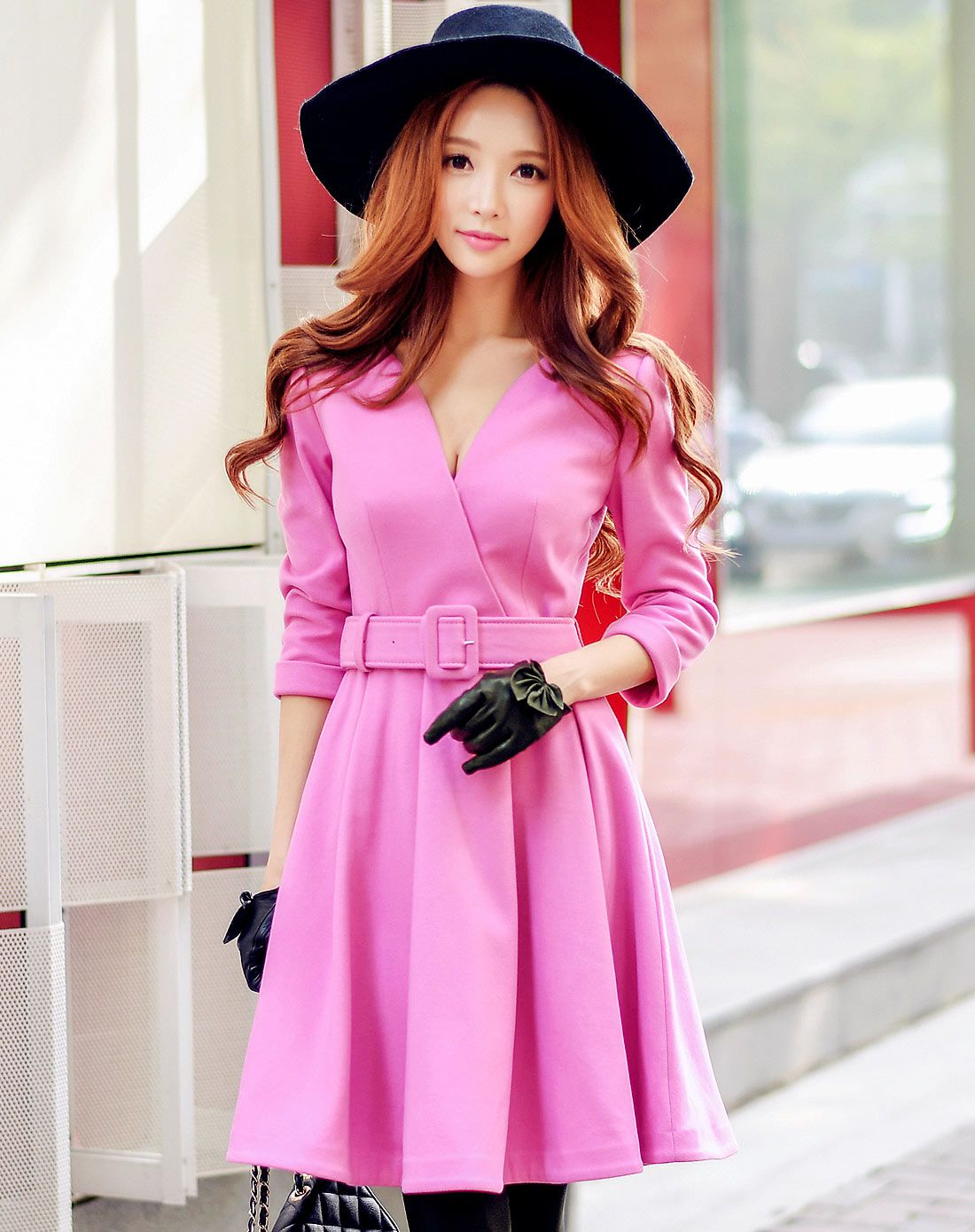 玫粉色气质ol收腰大摆连衣裙