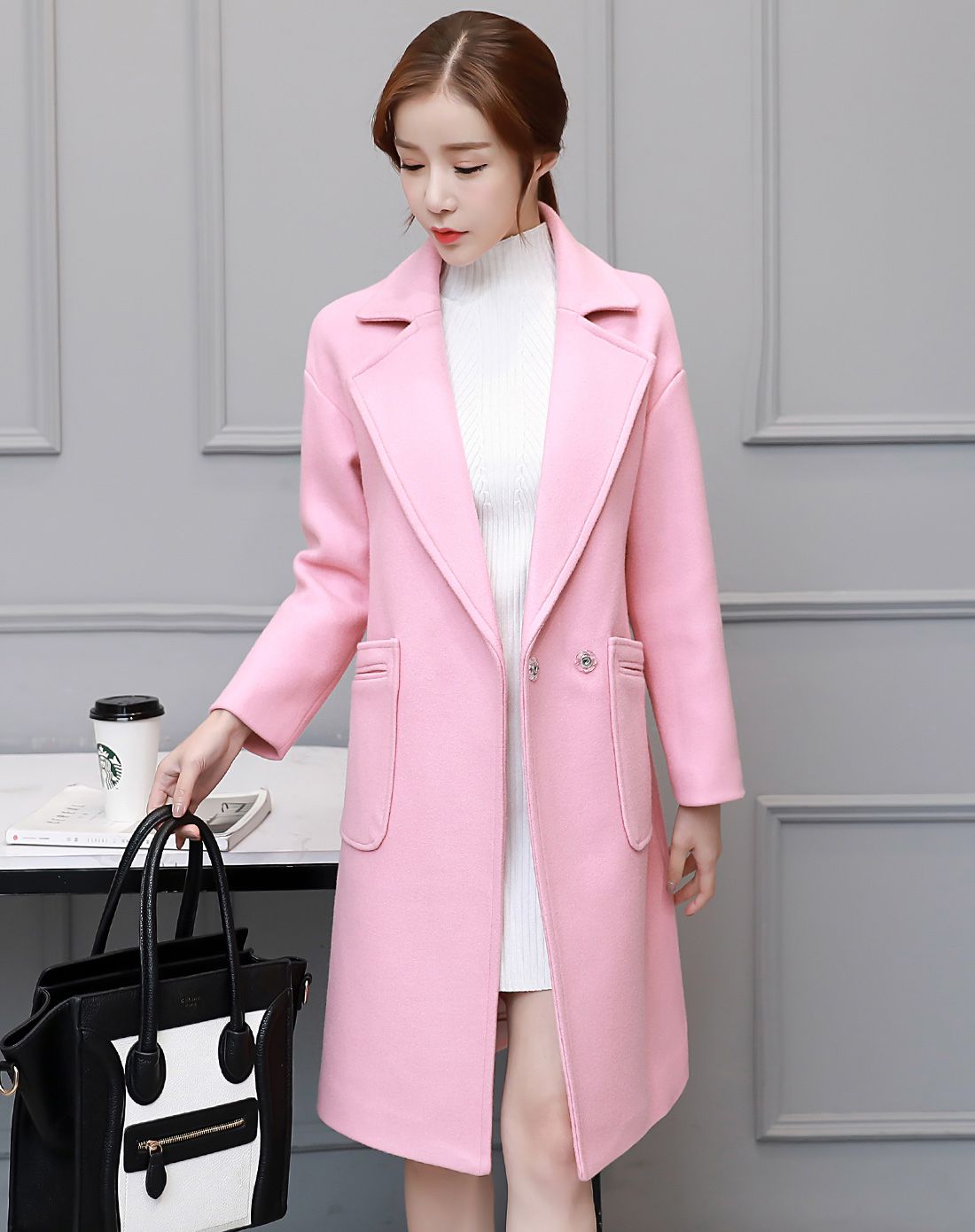 女款纯色气质通勤贴袋翻领中长款毛保暖呢外套
