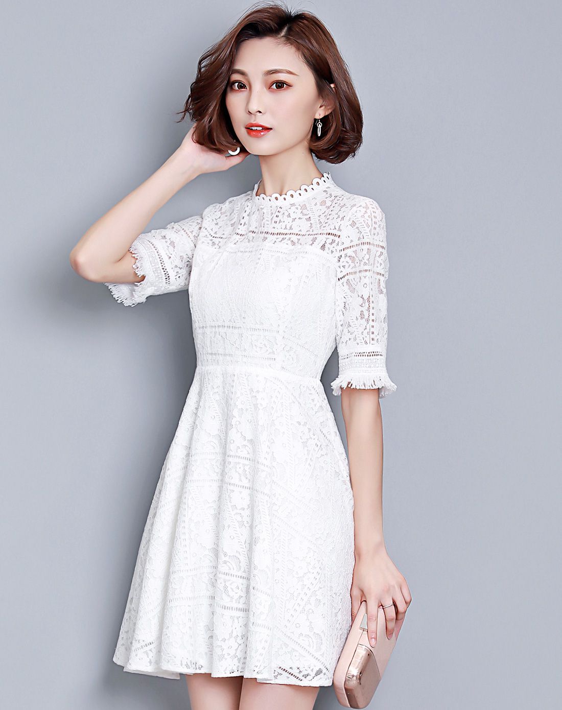 (春新品)中长款蕾丝连衣裙白色