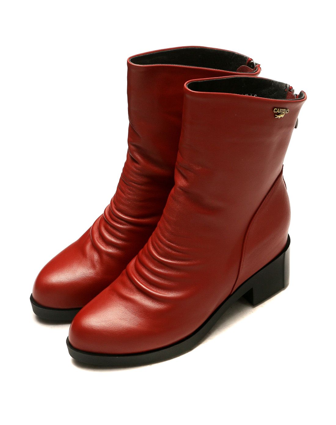 大牛皮中跟休闲短靴大红