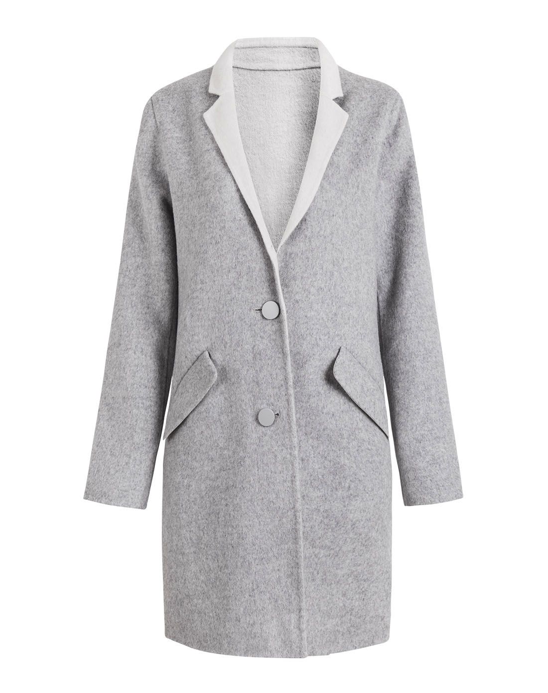 两粒扣中长款毛呢外套浅灰