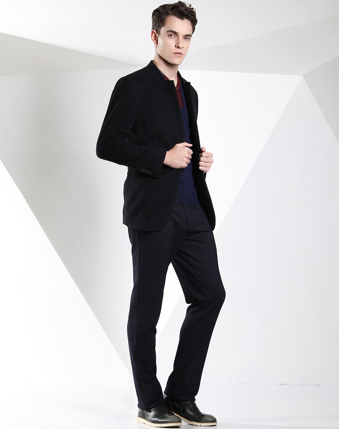 羊毛羊绒含桑蚕丝简洁立领男士便装