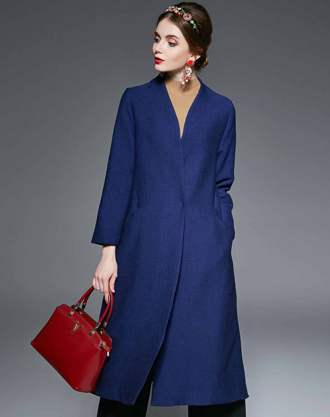 立体纹路欧美范儿内搭丝巾全衬中长款大衣