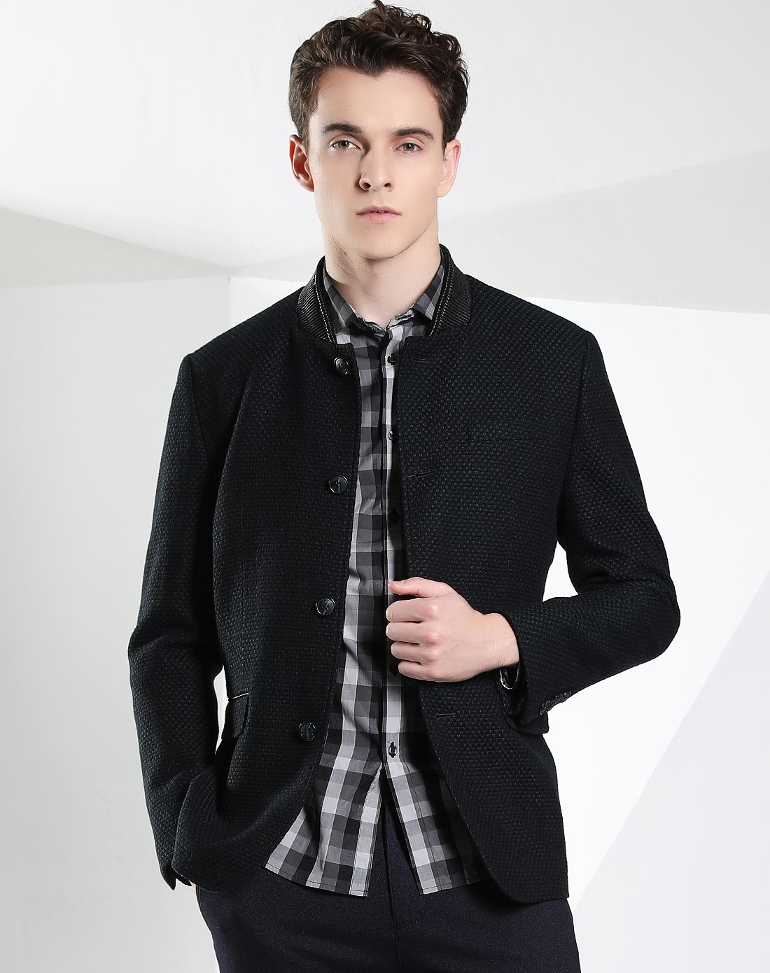 丝羊毛混纺拼绵羊皮领格纹优雅男士休闲装