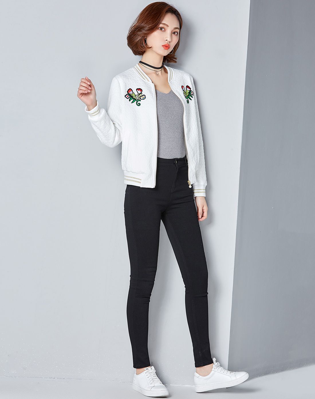 (春新品)短款棒球服外套白色