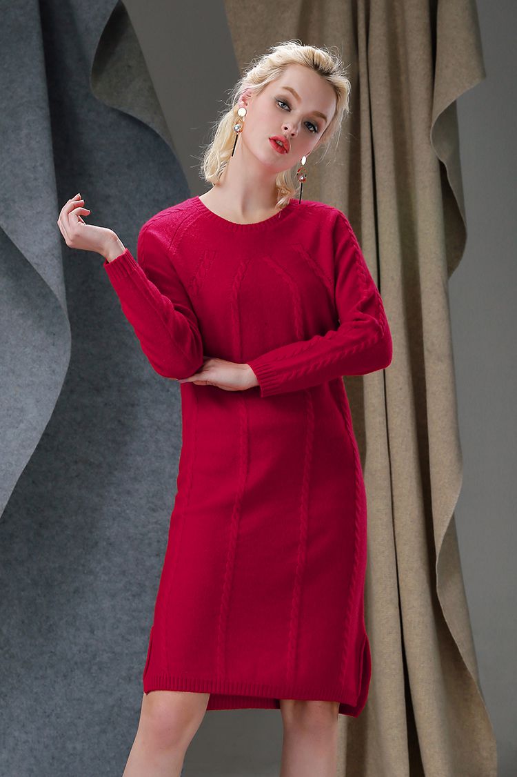 麻花中长款羊绒衫大红色