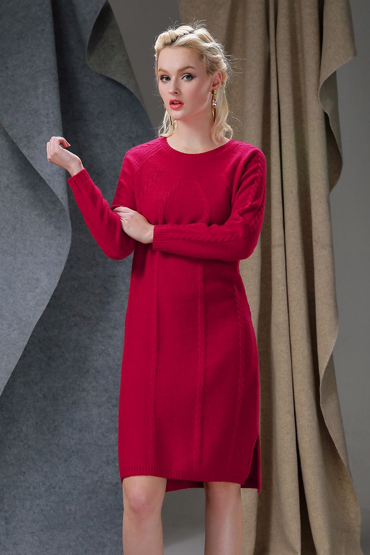 麻花中长款羊绒衫大红色