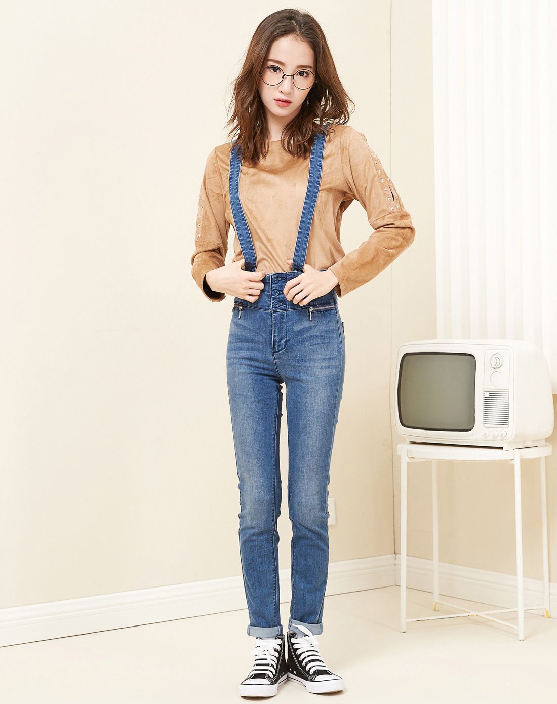 女款修身高腰可拆背带休闲背带裤牛仔深蓝