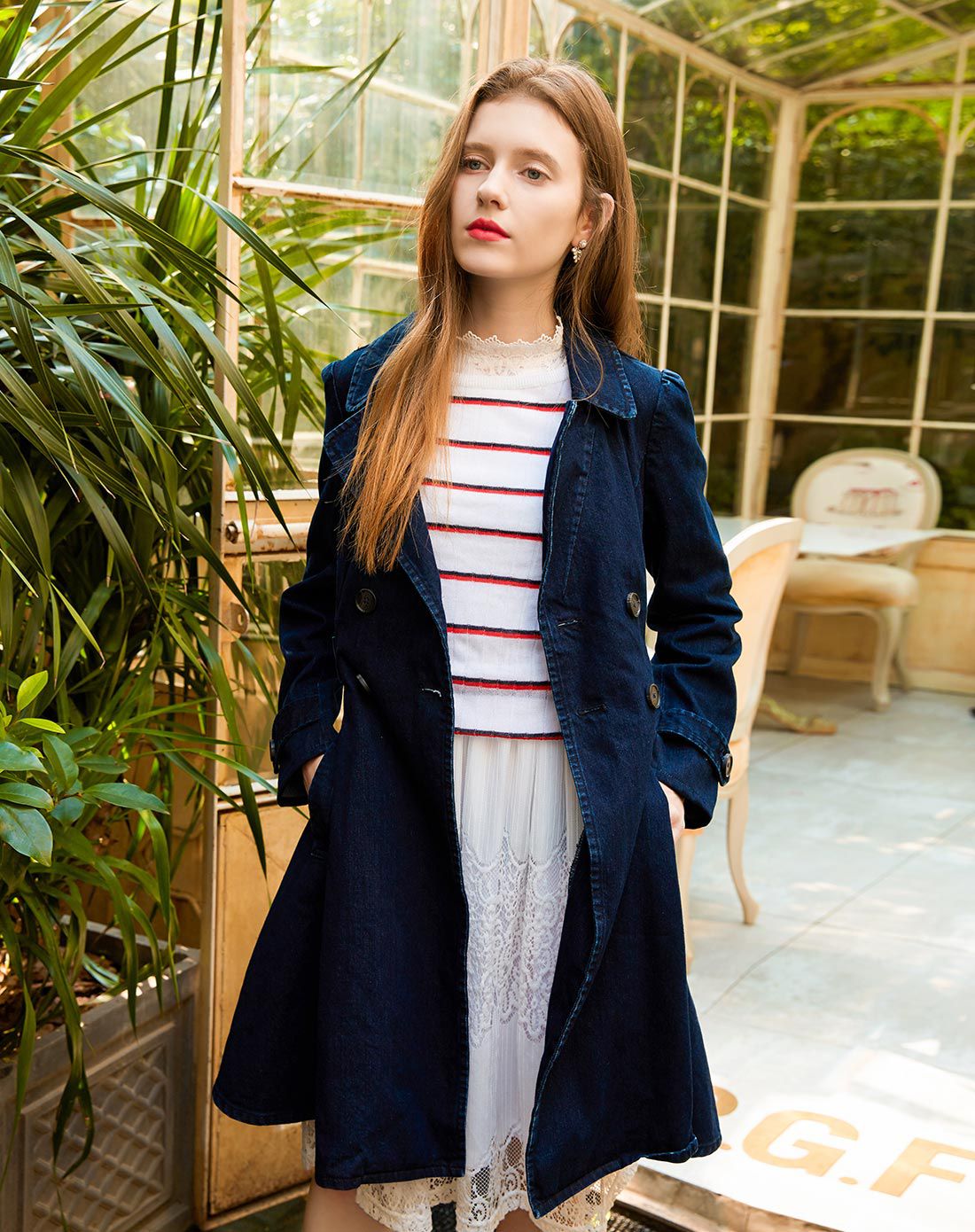 one more女装专场 one more文墨休闲腰部系带牛仔风衣双排扣外套女中