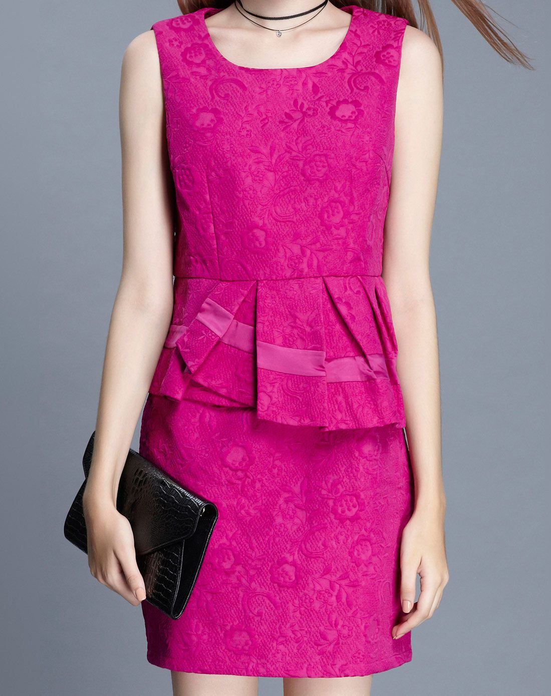 提花收身背心裙玫紫