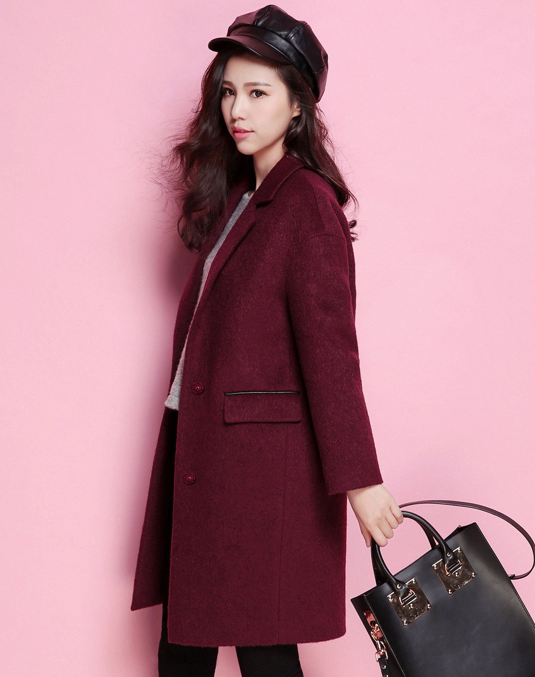 拉夏贝尔旗下品牌女装专场 一粒扣中长款呢大衣酒红