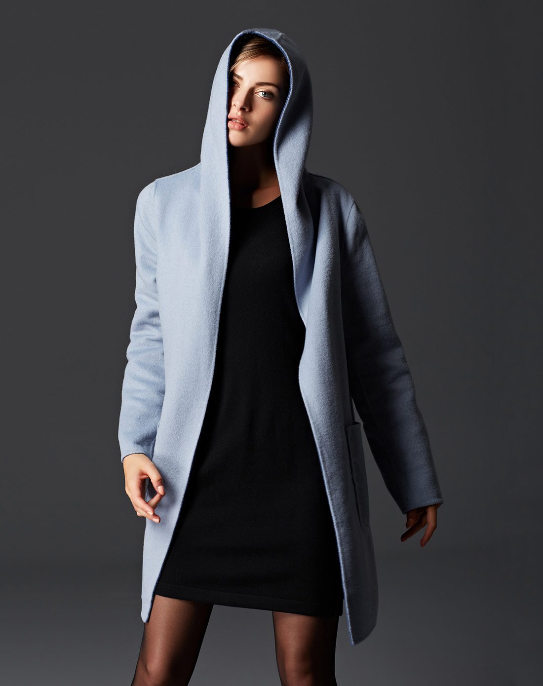 欧美手工连帽双面羊毛呢外套大衣灰蓝色