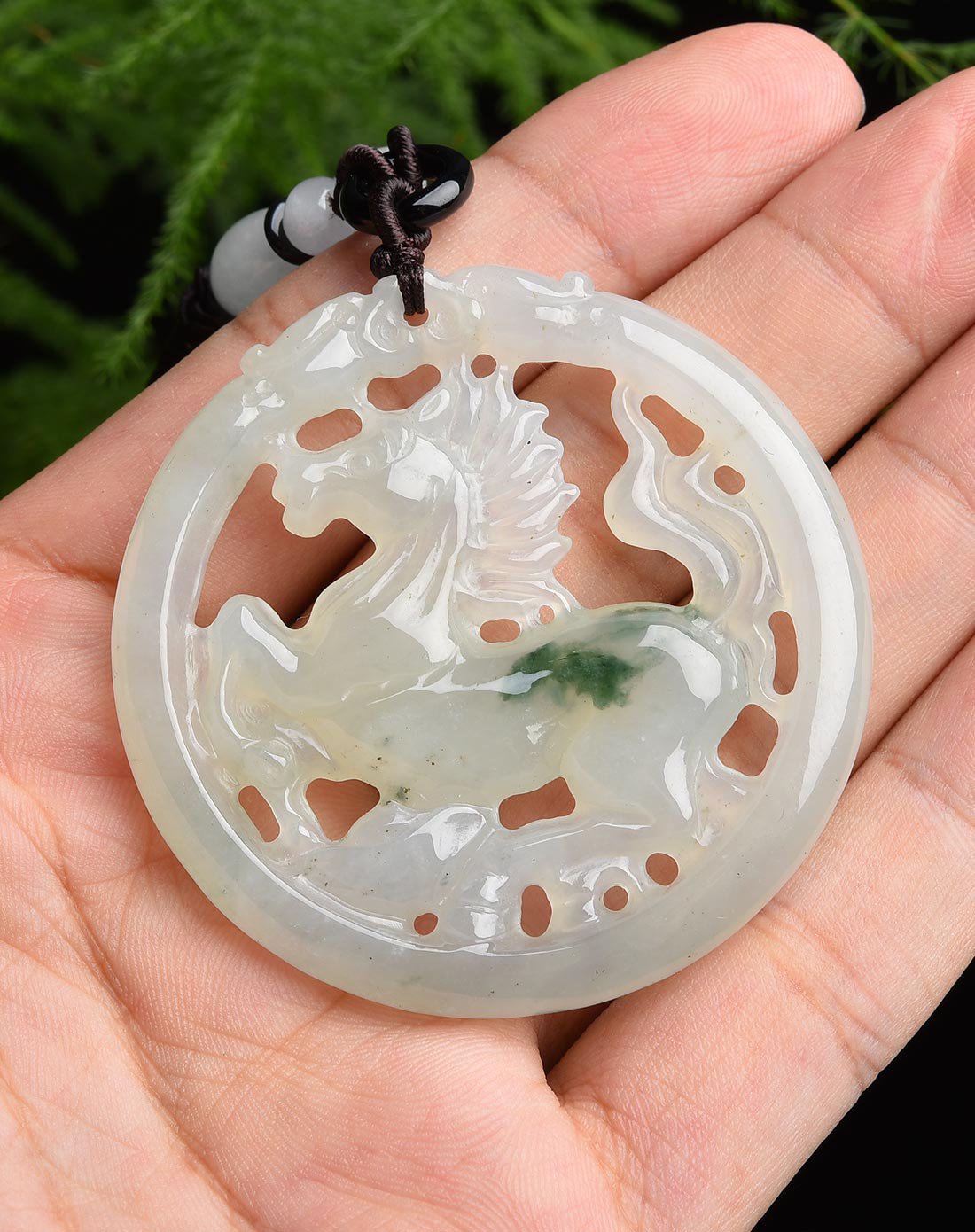 荔尚 镂空雕刻a货冰糯种生肖马翡翠挂件附证书