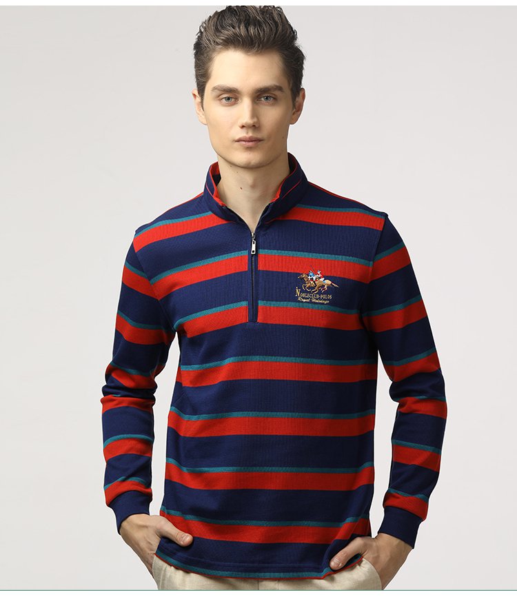 全棉拉链时尚休闲长袖针织t恤黄蓝条 品牌名称: 莱恩雷迪 商品名称