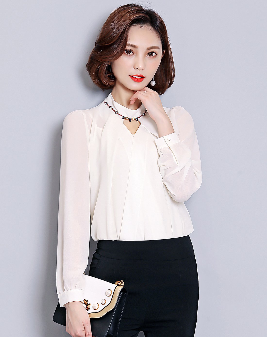 气质小立领雪纺衫酒红