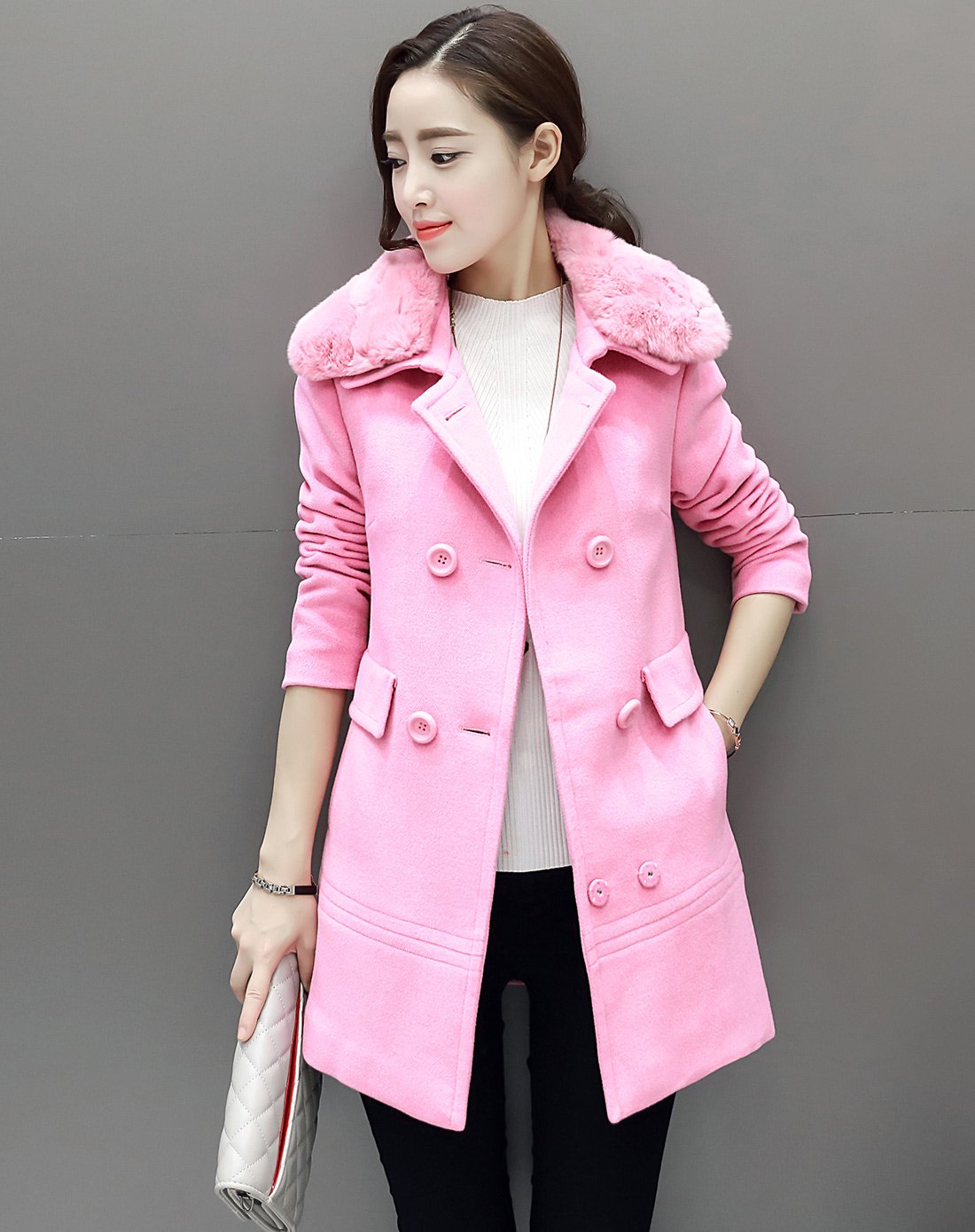 气质中长款毛呢大衣粉色