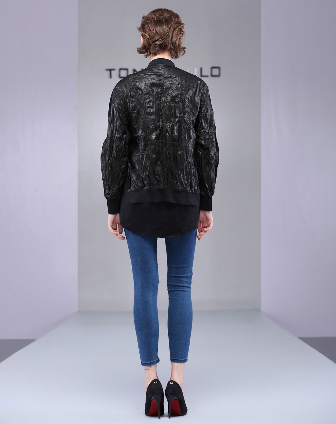 女款个性休闲皱皮风格假两件设计皮衣