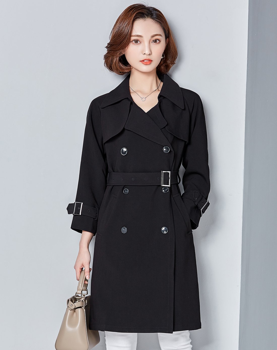 休闲翻领风衣黑色