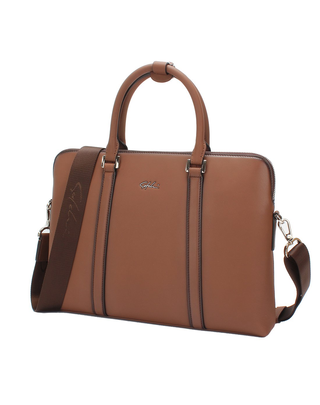 专柜同款沙驰男包啡色牛皮革商务包啡色