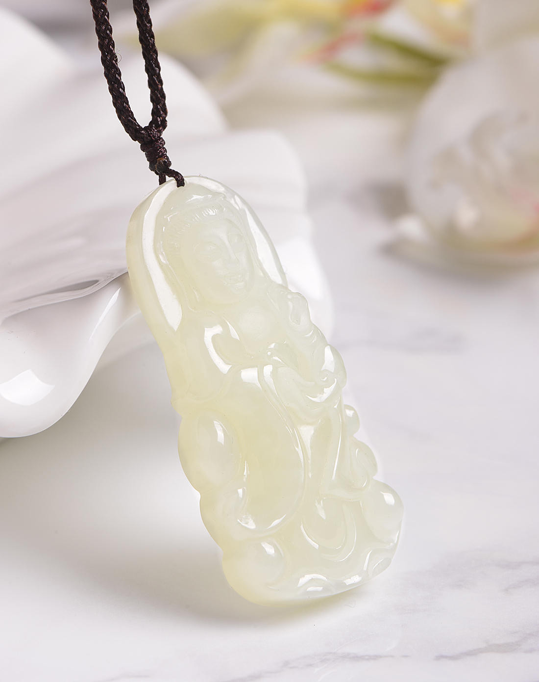 媛翠坊 男款和田玉观音吊坠项链附证书