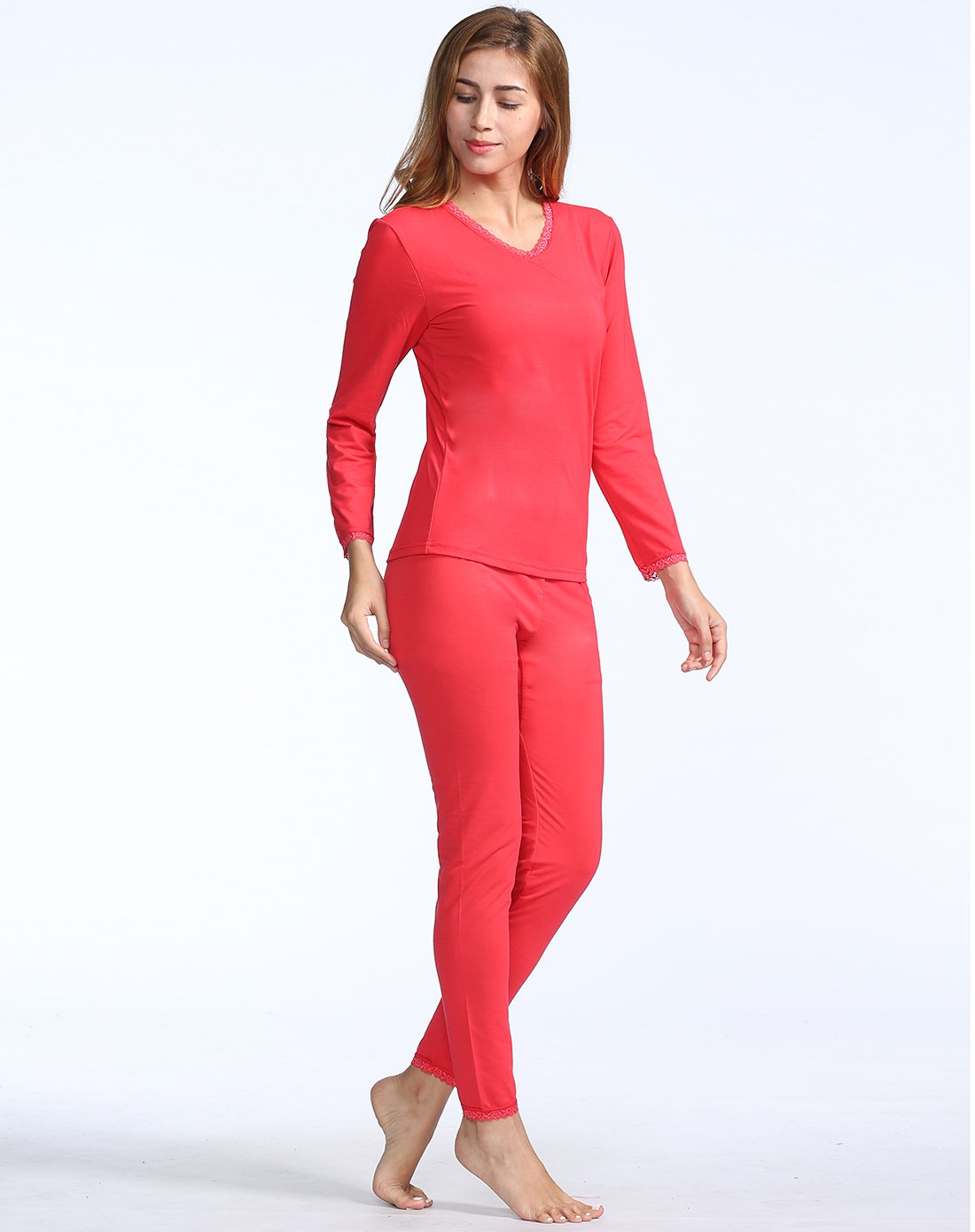 花雨伞 女款v领保暖内衣套装 大红 xxl