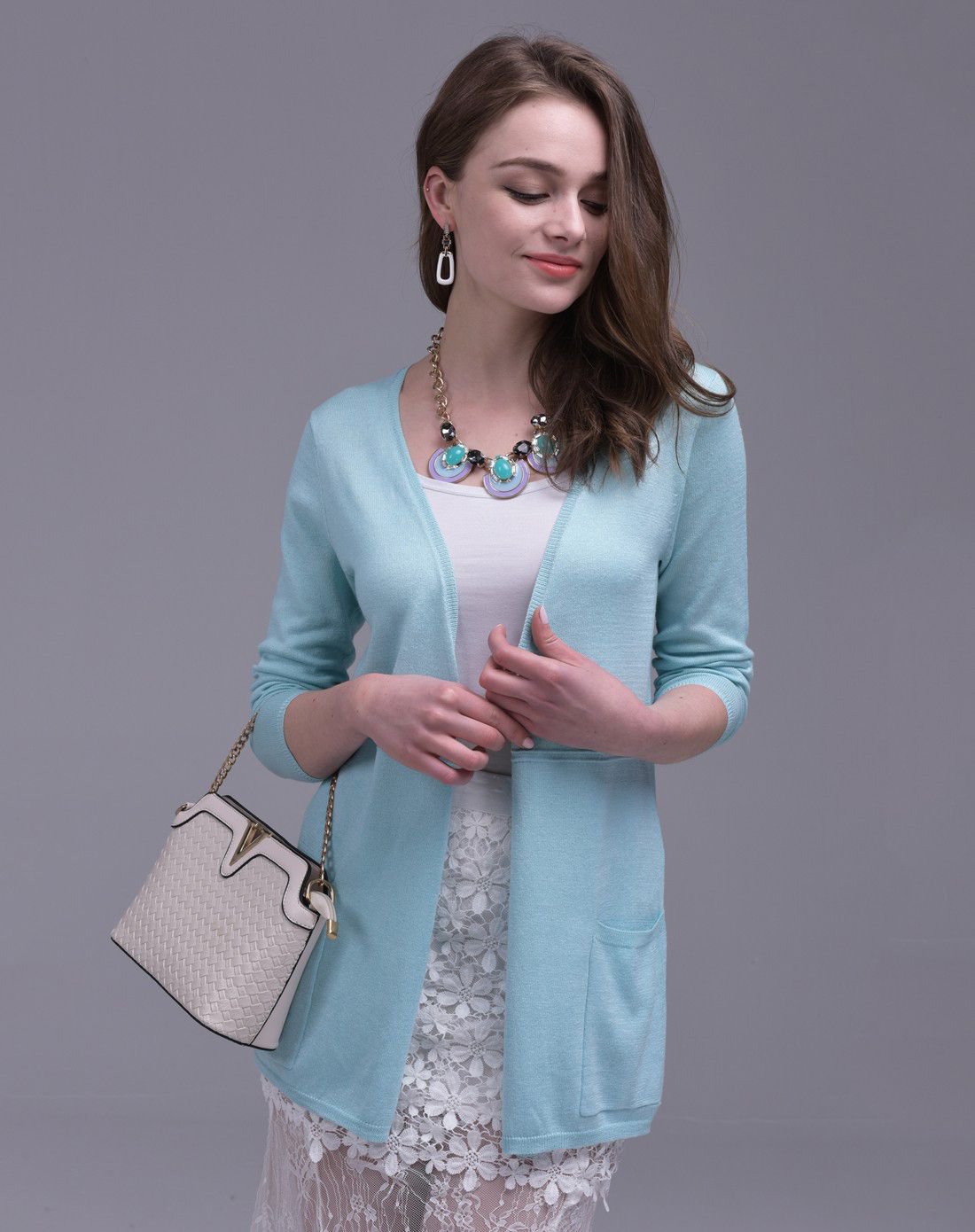 雪兰女士中长款桑蚕丝开衫浅兰