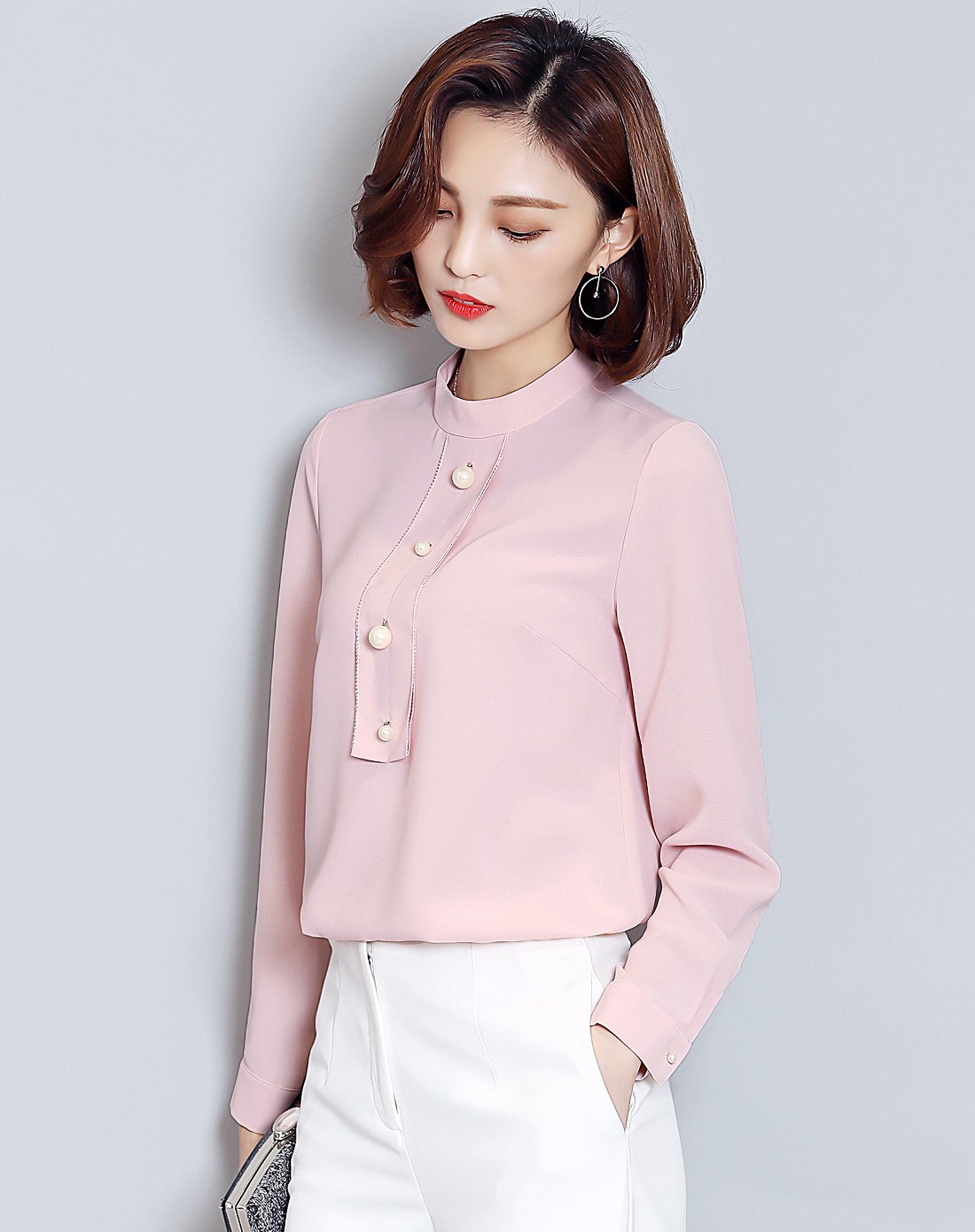 小立领长袖雪纺衫白色