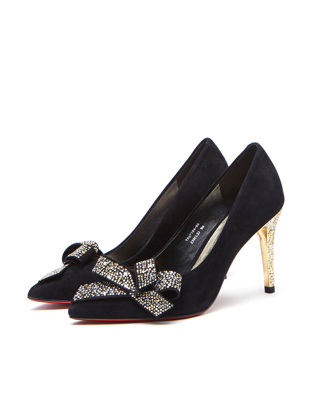 蹀愫tigrisso ts新款烫钻蝴蝶结羊反绒细高跟钻跟浅口单鞋专柜同 黑色