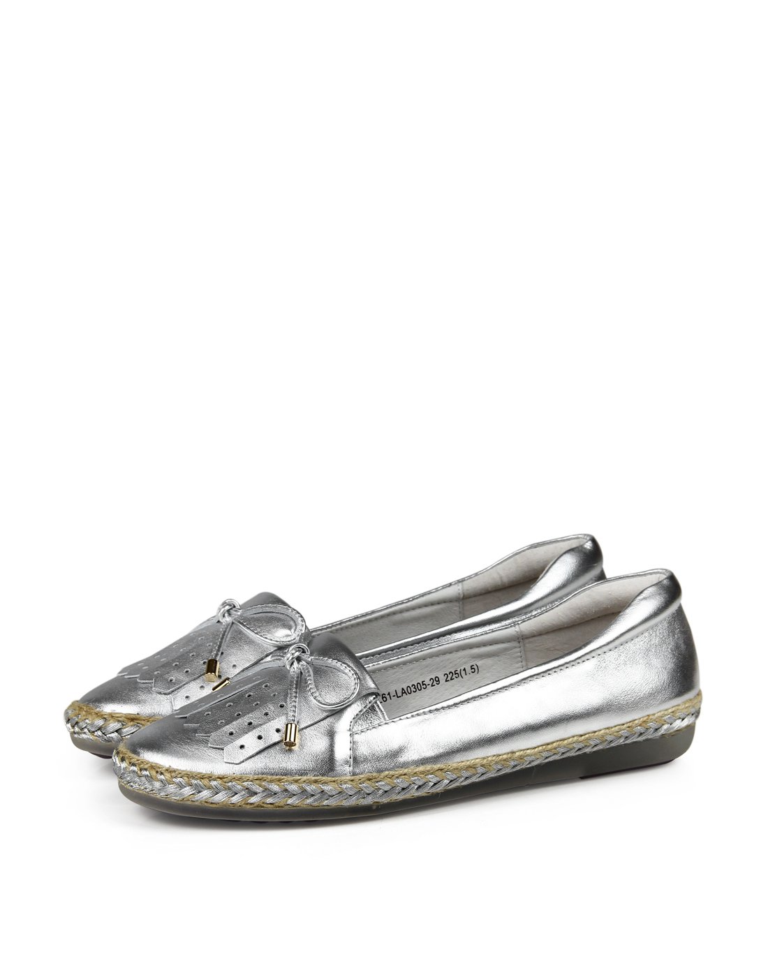 银色牛皮经典蝴蝶结平底女鞋银色