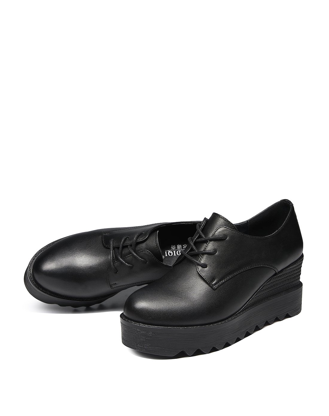 新款牛皮坡跟系带拼接时尚单鞋黑色